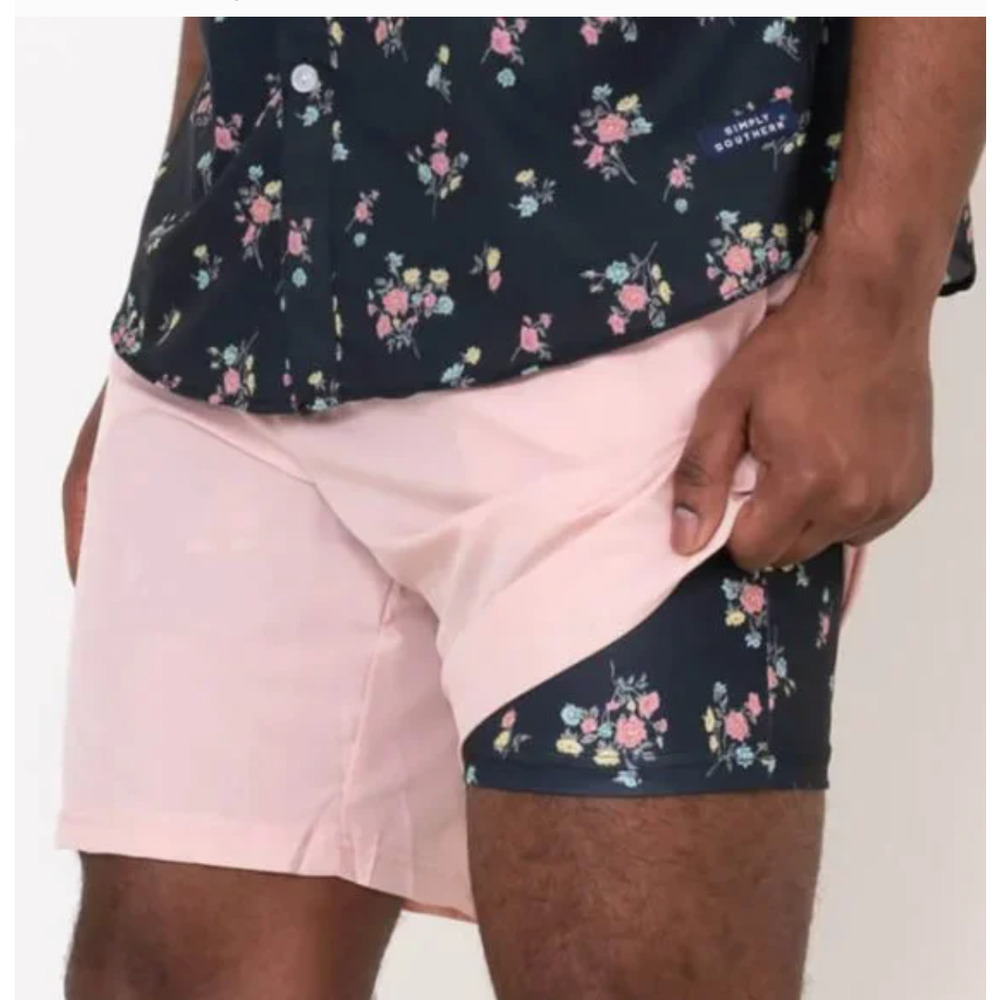 NWT Simply Southern Men's Light Pink Floral Lined Stretch Swim Shorts Size Large